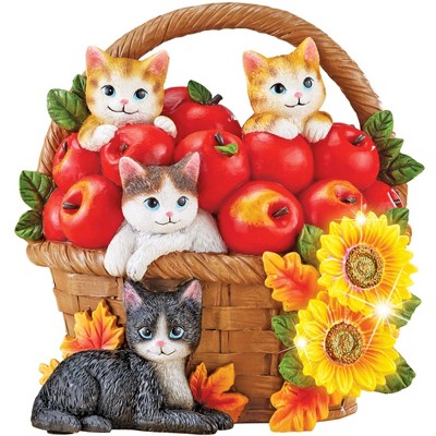 Collections Etc Color-Changing Lighted Cat Apple Basket Autumn Decoration 6 X 5 X 6.5 Red