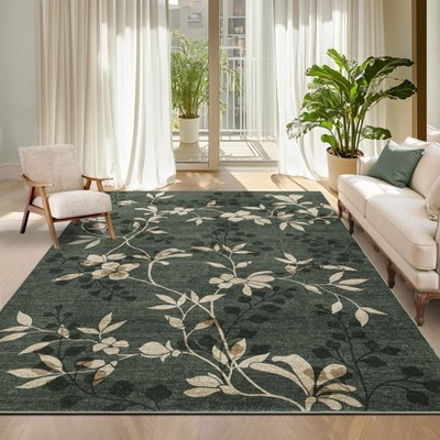 Washable Modern Leaves Printed Rug Non Slip Low Pile Rug Soft Botanical Pattern  Throw Floor Cover Foldable Indoor Carpet for Living Room Bedroom