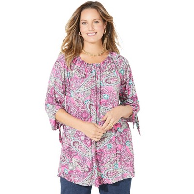 Catherines Women's Plus Size Ruched Neck Tie-Sleeve Top
