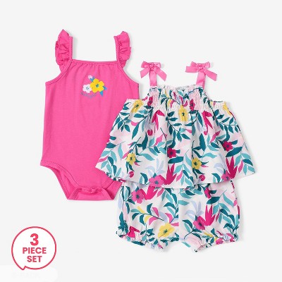 PATPAT 3 Piece Baby Girl Ruffled Romper Jumpsuit and Floral Print Cami Top and Shorts Outfit Set