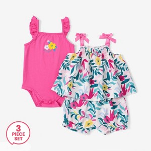 PATPAT 3 Piece Baby Girl Ruffled Romper Jumpsuit and Floral Print Cami Top and Shorts Outfit Set - 1 of 4