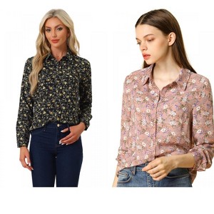 INSPIRE CHIC Women's Point Collar Long Button Sleeve Button Down Floral Shirt 2 Packs - 1 of 4