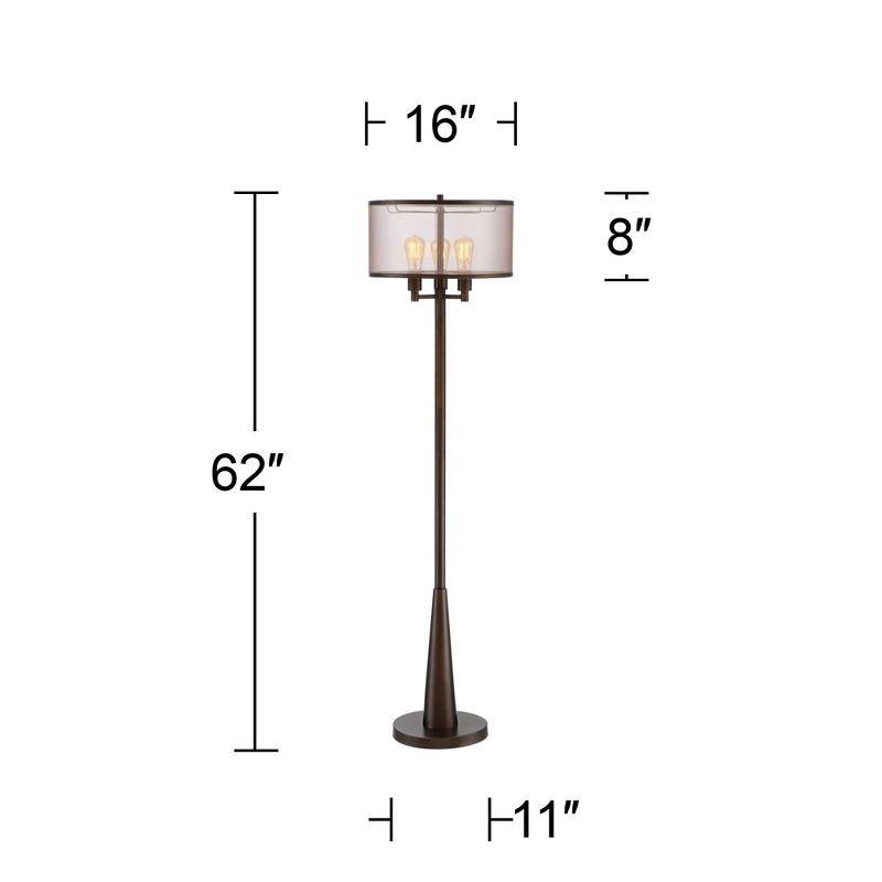 Franklin Iron Works Durango Rustic Farmhouse Floor Lamp 62" Tall Oiled Bronze Metal 3 Light LED Brown Sheer Drum Shade for Living Room Bedroom Office, 4 of 10