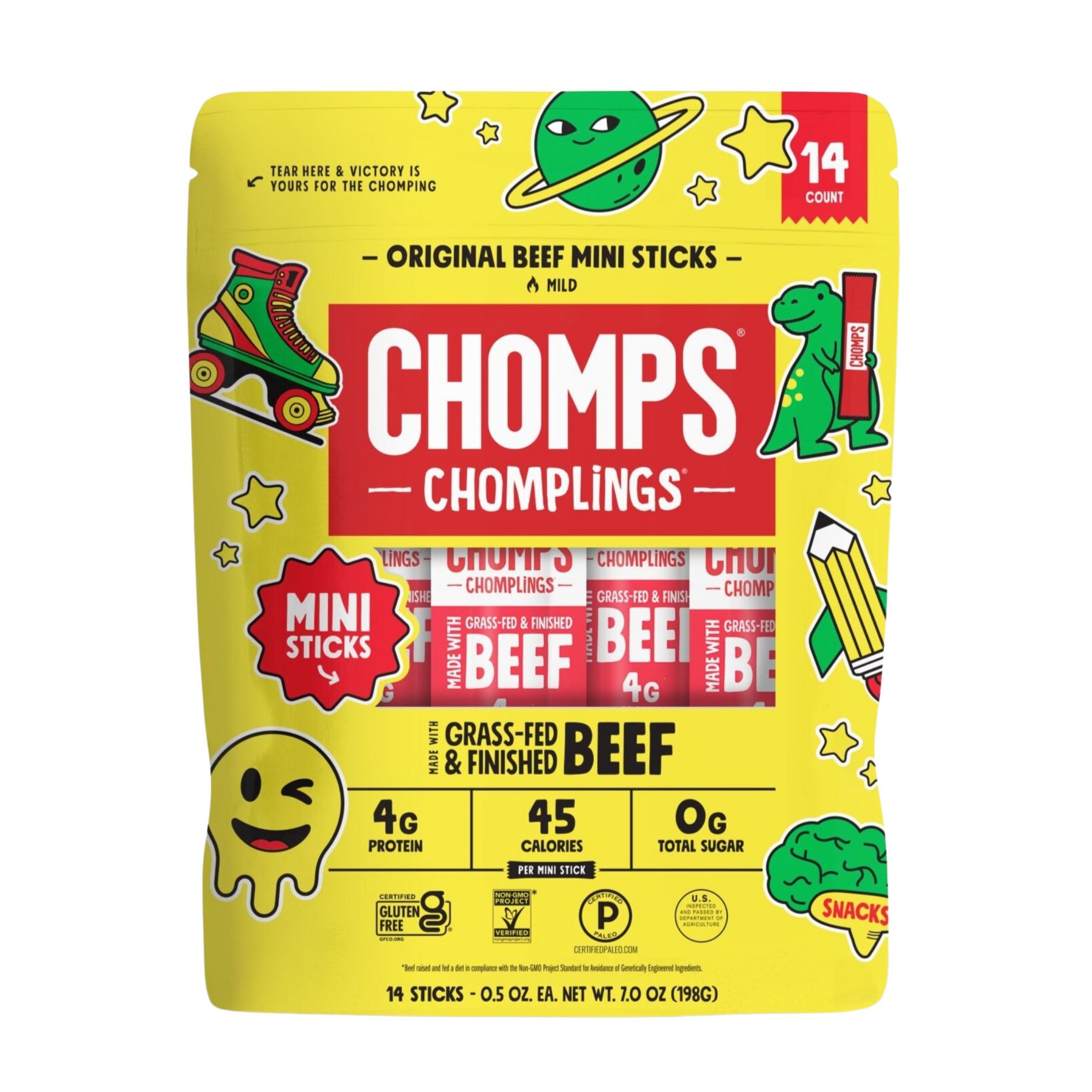 Chomps Chomplings Original Beef Mini Sticks - 7oz/14ct: Sugar-Free, Gluten-Free, Non-GMO