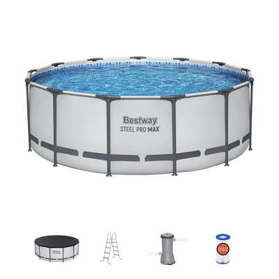 Bestway Steel Pro MAX 13 Foot x 48 Inch Round Metal Frame Above Ground Outdoor Swimming Pool Set with 1,000 Filter Pump, Ladder, and Cover