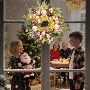 22" Christmas Wreath with Lights, Balls Pine Cones & Berries for Indoor Outdoor Wall Window Fireplace - 1 of 4