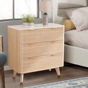 32" Width Modern Nightstands, Fluted Nightstand with Faux Marble Top, 3 Drawer Bedside Table, Curved Profile Design, for Bedroom Living Room Hallway - 1 of 4