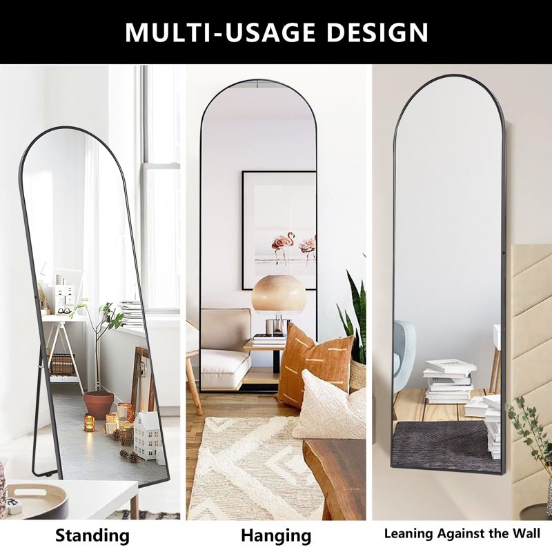 SKONYON Arched Full Length Mirror Rounded Corners Floor Mirror with Stand Modern Wood Framed Mirror Black, 2 of 8