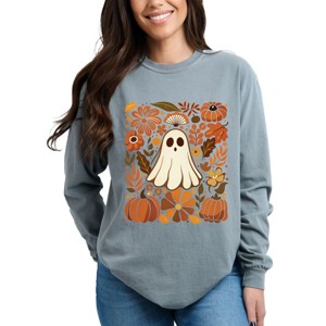 Ghost Floral Collage - Womens Garment Dyed Long Sleeve - 1 of 3
