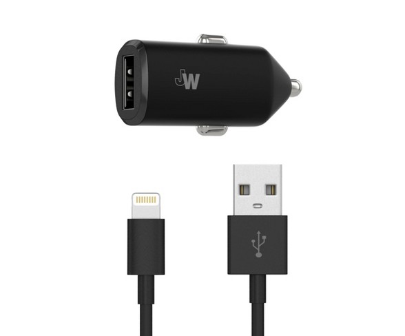 Just Wireless Single USB 2.4A Car Charger (with Apple Lightning Cable) - Black