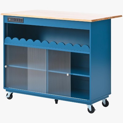 Kitchen Island Cart, Kitchen Cart with Drop Leaf, 2 Sliding Glass Doors, 2 Cabinet, 1 Open Shelf Rolling Mobile Cart with LED Light and Power Outlets