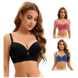 INSPIRE CHIC 3 Pcs Women's Lace Trim Underwire Adjustable Straps Plus Cup Size Push Up Bras - 1 of 4