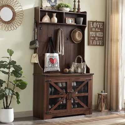 OKD 42″ Wide Hall Tree with 12 Shoe Cubbies & 7 Coat Hooks, Farmhouse Entryway Hutch