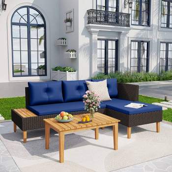 3pc Outdoor Acacia Wood Conversation Set with Sectional Sofa & Cushions - Captiva Designs