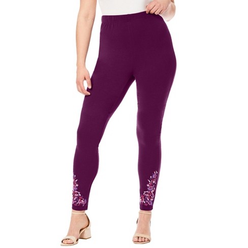Roaman's Women's Plus Size Side Embellished Legging - 12, Dark Berry Floral  Embroidery Purple at  Women's Clothing store