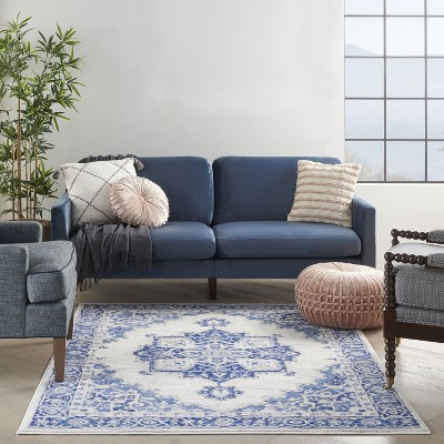 Ivory Blue Floral 4' x 6' Reversible Synthetic Area Rug
