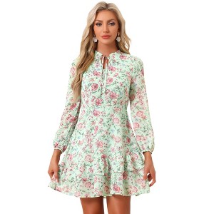 INSPIRE CHIC Women's Summer Floral Layered Tie V-Neck Semi-Sheer Long Sleeve Mini Dress - 1 of 4