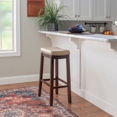 Beige Leather and Metal Backless Swivel Barstools, 32" Set of 2