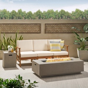 GDFStudio Abena Outdoor Acacia Wood 3 Seater Sofa with 50,000 BTU Fire Pit - 1 of 4