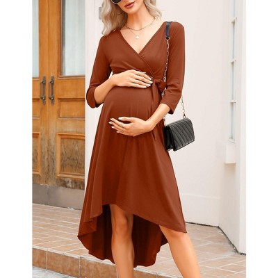 YesFashion Women's Maternity V-Neck 3/4 Sleeve Wrap Dress Casual Hi-Low Midi Tie Nursing Breastfeeding Dress with Belted