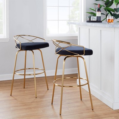 Charlotte 30" Black Velvet and Gold Metal Swivel Barstool