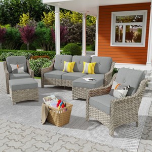 XIZZI 5 Pieces Wicker Furniture, Outside Conversation Set, 3-Seat Sofa with Cushion, High Back Rattan Chairs and Ottomans for Garden Backyard - 1 of 4