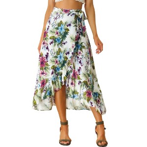INSPIRE CHIC Women's Tropical Floral Print Ruffle Self-Tie Knot Split Beach Wrap Midi Skirt - 1 of 4
