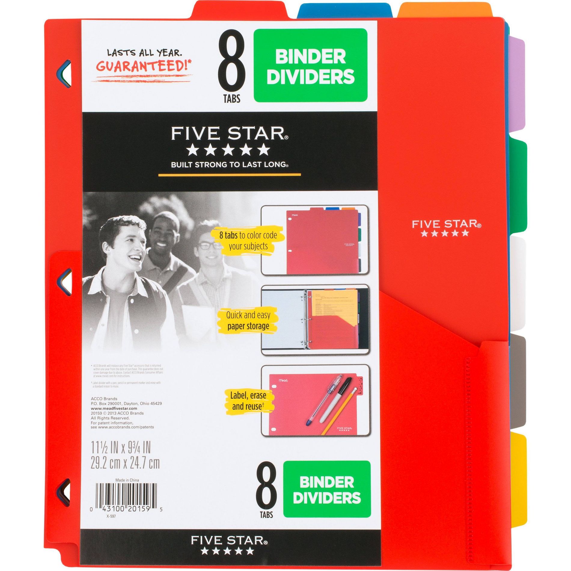 Five Star 8-Tab Binder Dividers with Pocket Multicolor: Polypropylene Filing Accessories, 11.5" x 9.75", 8-Pack