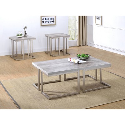 Contemporary Gray Driftwood Square End Table with Metal Base