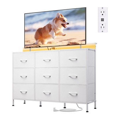 GALAXHERO Dresser TV Stand with LED Lights and Charging Station, 9 Fabric Drawer Chest for Bedroom, Living Room, Closet, Wood Top, 55 Inch