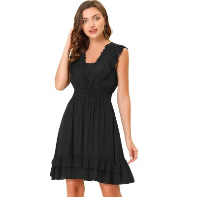 Allegra K Women's Sleeveless V Neck Lace Trim Smocked Waist Ruffled Dress