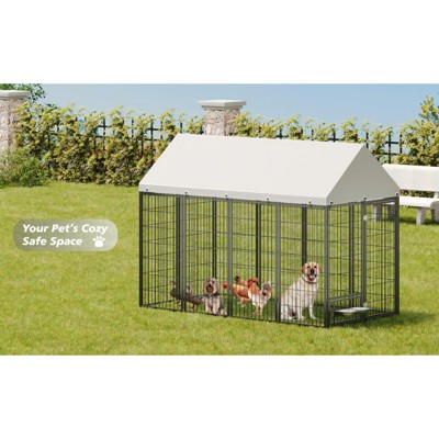 Large Outdoor Dog Kennel Pet Run Enclosure with Roof Cover, Heavy Duty Metal Animal Hutch Fence for Dogs & Pets, 7.94'L x 4.13'W x 5.95'H - Nertpow