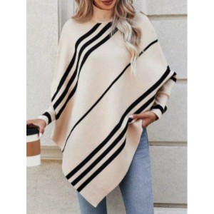 Women's Sweater Irregular Stripes Half-High Collar Bat Sleeve Pullover Knitted Cardigan Fashion Shawl Cape - 1 of 2