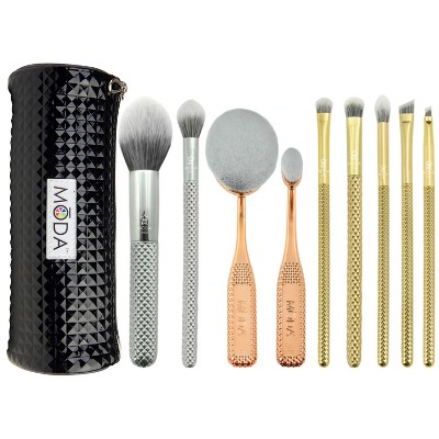MODA Brush Metallics Deluxe Gift 10pc Makeup Brush Set with Black Studded Zip Case, Includes - Foundation, Contour, and Blush Brushes