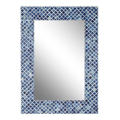 26" x 36" Rectangular Wood and Bone Wall Mirror with Shell Square Mosaic Patterned Frame Blue - Olivia & May