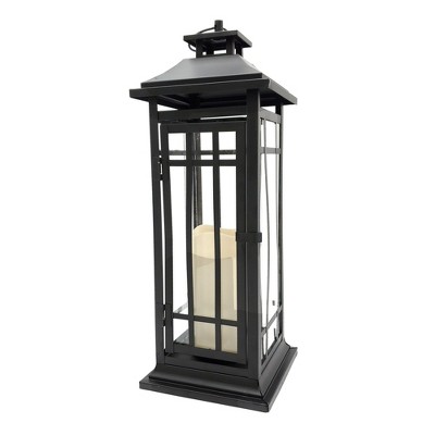 LumaBase Battery-Operated Metal Lantern with LED Candle - 17" Black Window