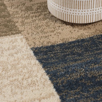 Beige and Blue Geometric Synthetic Area Rug, 2'x3'