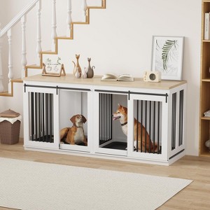 Double Dog Crate Furniture for 2 Dogs, 71" Wooden Dog Cage with Divider, Indoor Dog Kennel Tv Stand with Trays for Dogs, Sliding Barn Door Design - 1 of 4