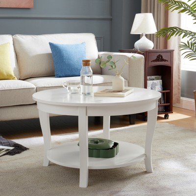 LIVAREEmlen Traditional Round Coffee Table with Open Storage Shelf,2-Tier Storage Wood Center Circle Accent Table(White)