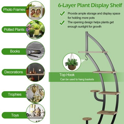 Curved Black Metal and Wood 6-Tier Plant Stand with Hook
