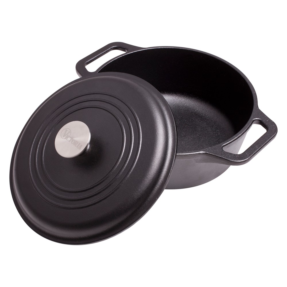 Victoria 4qt Cast Iron Dutch Oven with Premium Stainless Steel Knob Black