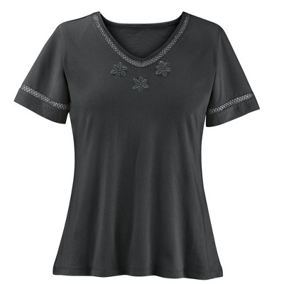 Collections Etc Flattering V-Neck Lace Trim Short Sleeve Top