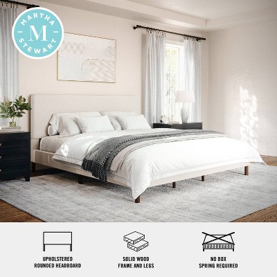 King Beige Linen Upholstered Platform Bed with Walnut Legs
