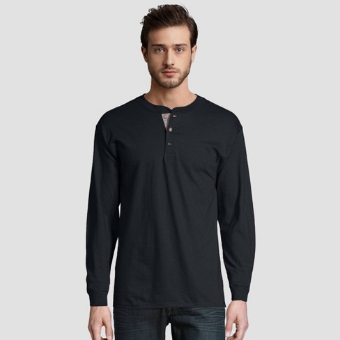 Hanes Men's Long Sleeve Beefy Henley Shirt - Black L : Target