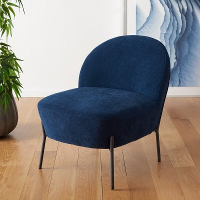 Navy Velvet Channel-Tufted Slipper Chair with Metal Legs