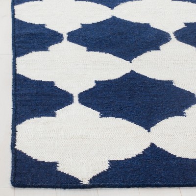Navy/Ivory Geometric Round Flat Woven Wool Rug, 5' x 8'