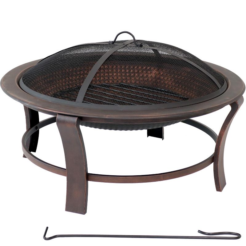 Sunnydaze Outdoor Portable Camping or Backyard Elevated Round Fire Pit Bowl with Stand, Spark Screen, Wood Grate, and Log Poker - 29" - Bronze, 6 of 11