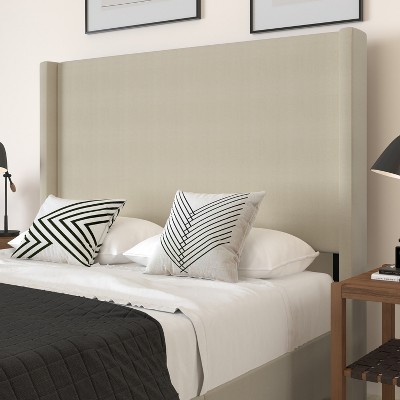 Beige Linen Upholstered Queen Platform Bed with Wingback Headboard