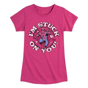 Girls' - Marvel - Spider-man Valentine I'm Stuck On You Fitted Short Sleeve Graphic T-Shirt - 1 of 4