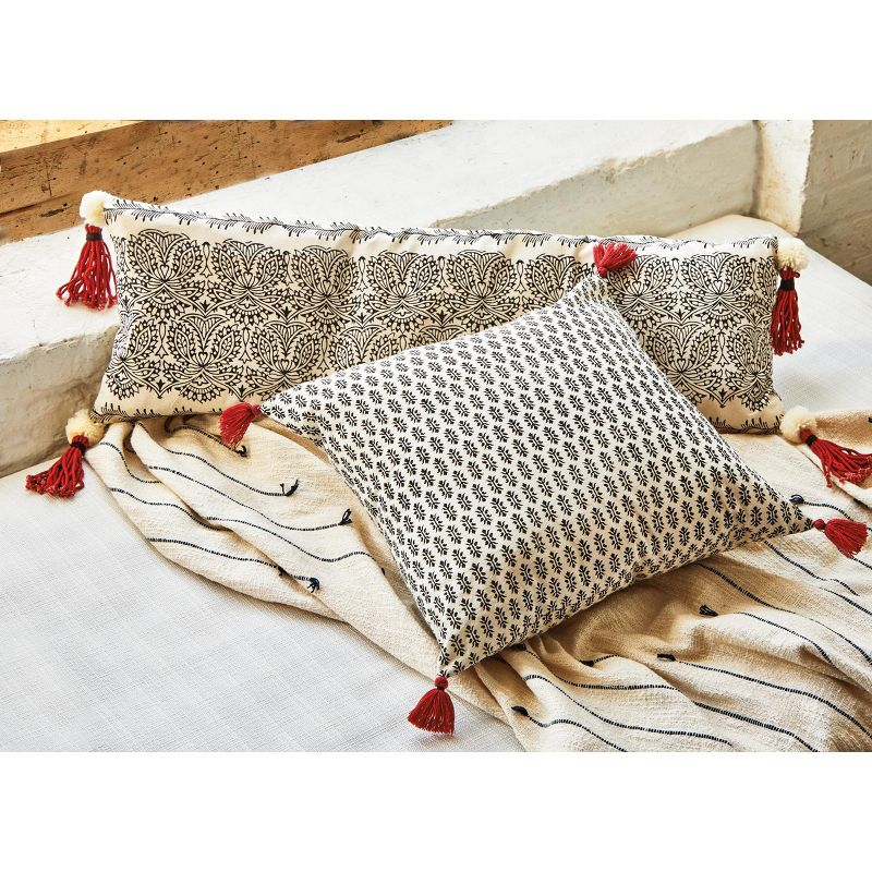tagltd 12'' x 36'' Lotus Lumbar Pillow Cotton Throw Pillow With Handmade Pom Poms And Tassels Hidden Zipper Closure Couch Sofa Bed Chair, 2 of 3